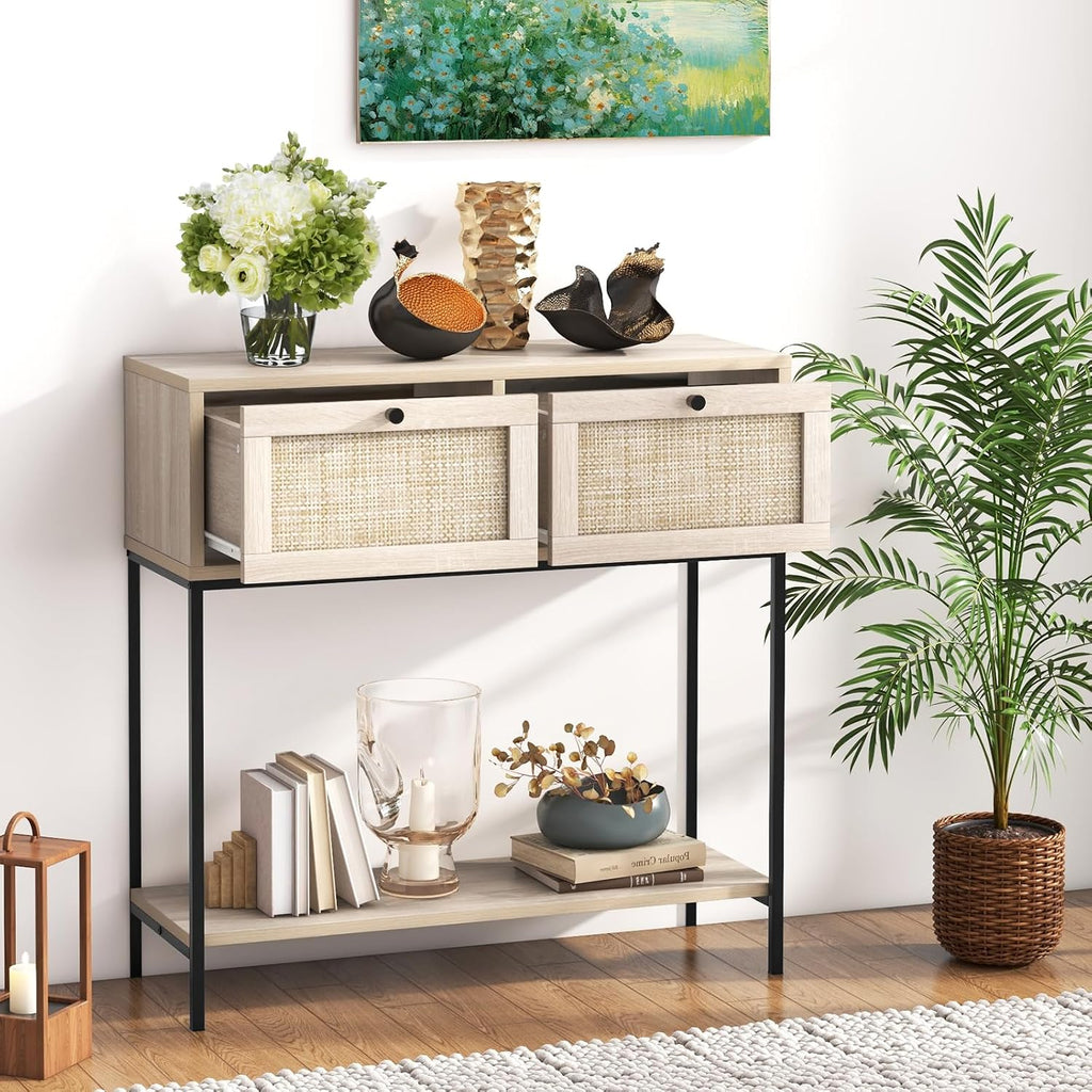 POWERSTONE 31.5" Nightstand with Rattan Drawers & Shelf, Modern Bunk Bedside Table Oak Side Table End Table for Living Room Bedroom