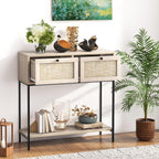 POWERSTONE 31.5" Nightstand with Rattan Drawers & Shelf, Modern Bunk Bedside Table Oak Side Table End Table for Living Room Bedroom