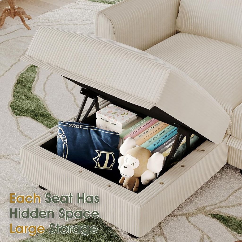 LLappuil Sectional Sofa Modular Cloud Couch with 5 Storage Seats & 3 Throw Pillows, Corduroy U Shaped Couches for Small Space, Rearrangable Apartment Sofas, Scratch Resistant, Beige