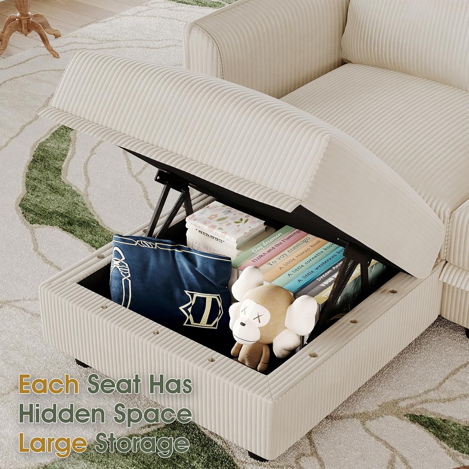 LLappuil Sectional Sofa Modular Cloud Couch with 5 Storage Seats & 3 Throw Pillows, Corduroy U Shaped Couches for Small Space, Rearrangable Apartment Sofas, Scratch Resistant, Beige