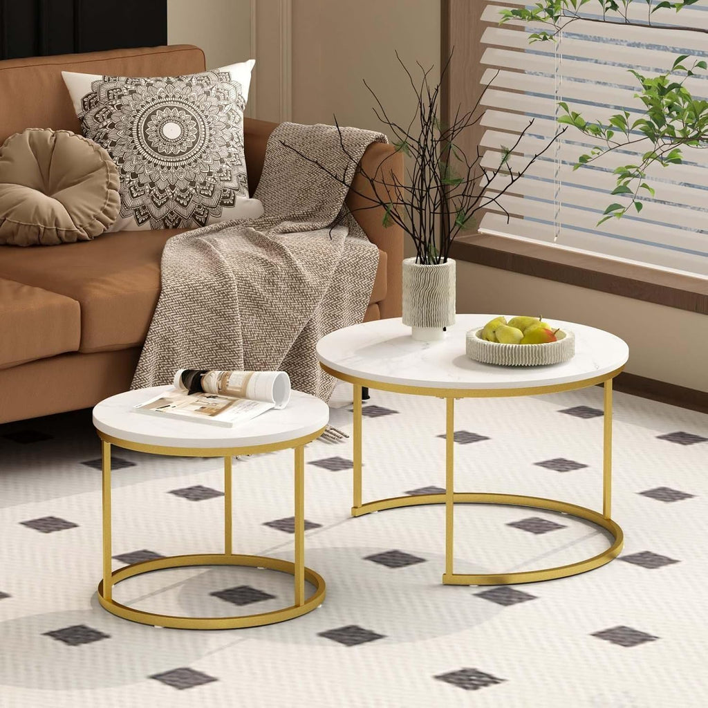 Nesting Coffee Table Set of 2, Round Tables with Marble Pattern MDF Top | Space-saving nested design, 120 LBS load capacity, luxury marble-look finish, gold metallic base, quick 10-min assembly