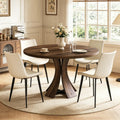 43.3" Round Dining Table Set for 4, 5 Piece Farmhouse Kitchen Table Set with 4 PU Chairs, Mid Century Modern Dining Table with Curved Solid Wood Frame for Dining Room, (Walnut Table+4 Beige Chairs)