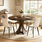 43.3" Round Dining Table Set for 4, 5 Piece Farmhouse Kitchen Table Set with 4 PU Chairs, Mid Century Modern Dining Table with Curved Solid Wood Frame for Dining Room, (Walnut Table+4 Beige Chairs)