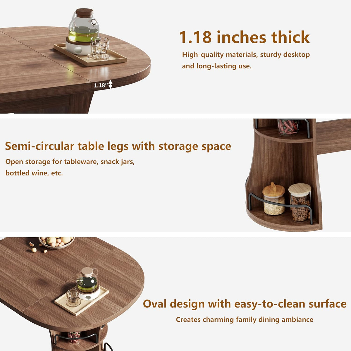 70.8" Dining Table for 4-6, Oval Kitchen Tables with Storage, Long Dinner Table with Curved Base, Modern Dining Room Tables for Living Room Gathering (Walnut)