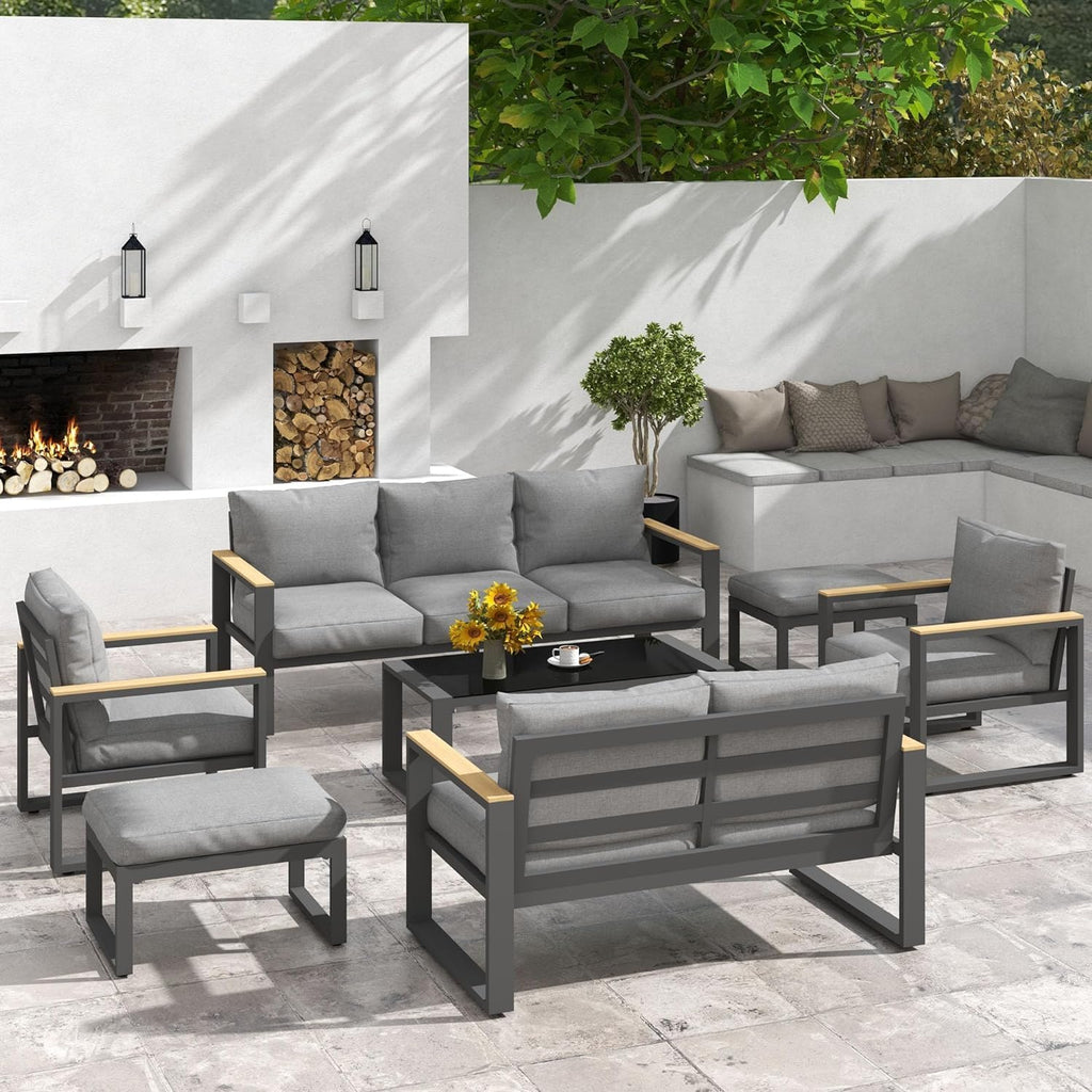 RoyalCraft 2 Pieces Aluminum Outdoor Patio Ottoman Set, Outdoor Foot Stools with Thick Cushion, Small Seat Furniture for Porch Balcony Backyard, Grey