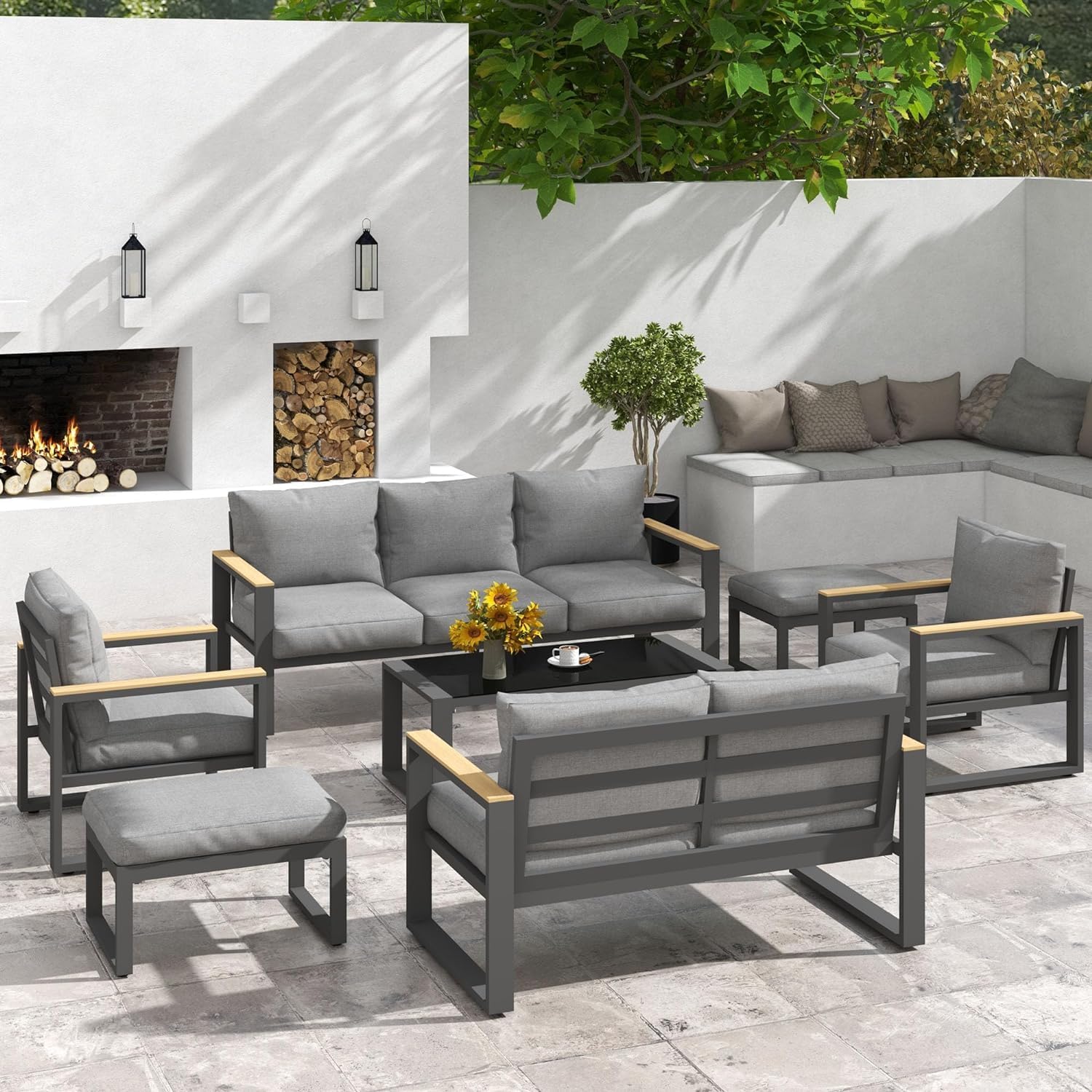 RoyalCraft 2 Pieces Aluminum Outdoor Patio Ottoman Set, Outdoor Foot Stools with Thick Cushion, Small Seat Furniture for Porch Balcony Backyard, Grey