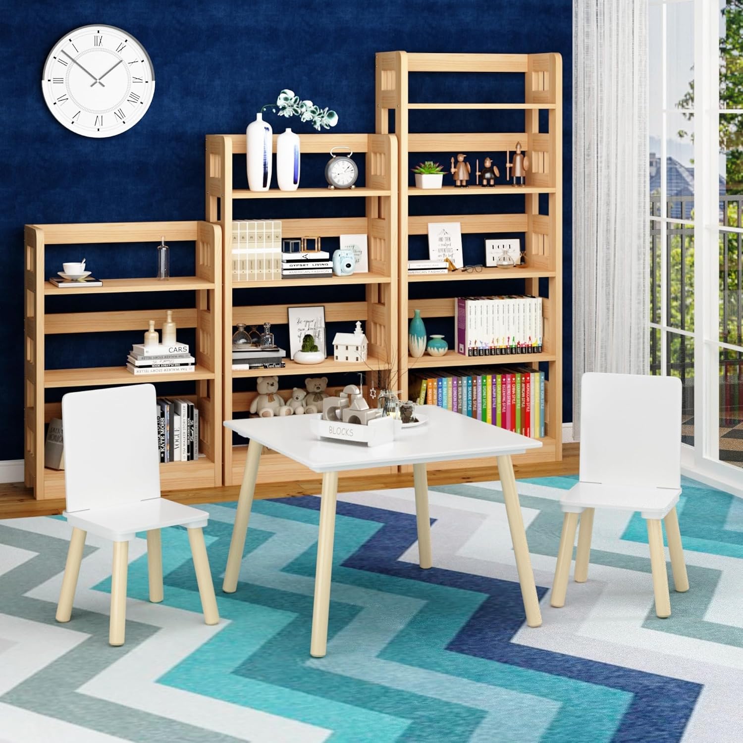 ALEVINE 3 Piece Square Back Kids Table Set | Kids wooden table and chair set with animal-themed chairs, designed for play, learning, crafts, and activities.