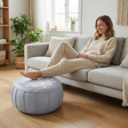 Round Pouf Cover, Premium Leather Ottoman Cover 19in / 48cm, Unstuffed Floor Pouf with Handcrafted Embroidery, Boho Footrest for Living Room, Meditation Cushion, Home Decor (Cream Beige)