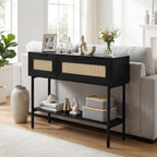 GOFLAME 40” Rattan Console Table, Narrow Long Entryway Table with Storage Shelf, 2 Flip Door Cabinets, Metal Frame, Boho, Farmhouse Behind Couch Sofa Tables for Living Room, Hallway (Black)