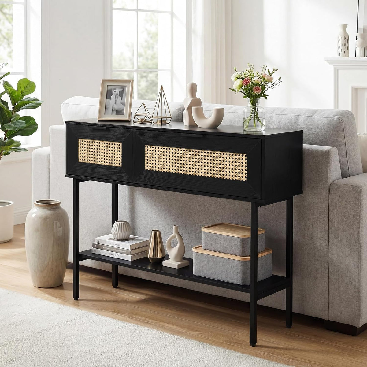 GOFLAME 40” Rattan Console Table, Narrow Long Entryway Table with Storage Shelf, 2 Flip Door Cabinets, Metal Frame, Boho, Farmhouse Behind Couch Sofa Tables for Living Room, Hallway (Black)