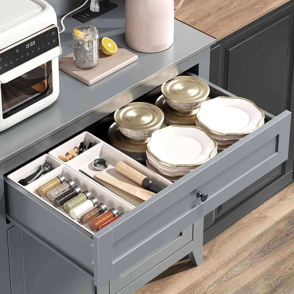GarveeHome 63'' Pantry Cabinet with 4 Hooks, Kitchen Storage Cabinet with Charging Station, Coffee Bar Table for Living Room, Dining Room, 1 Large Drawer, Adjustable Shelves, Grey