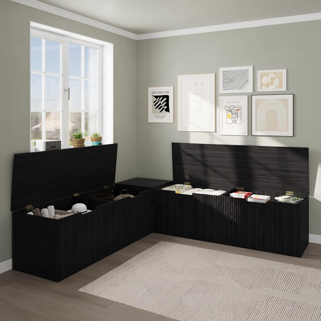 Bobve L-Shape Storage Bench with Cushion, Backless Corner Dining Bench, Kitchen Dining Nook Bench with Hidden Storage for Dining Room, Kitchen, Entryway (Black)