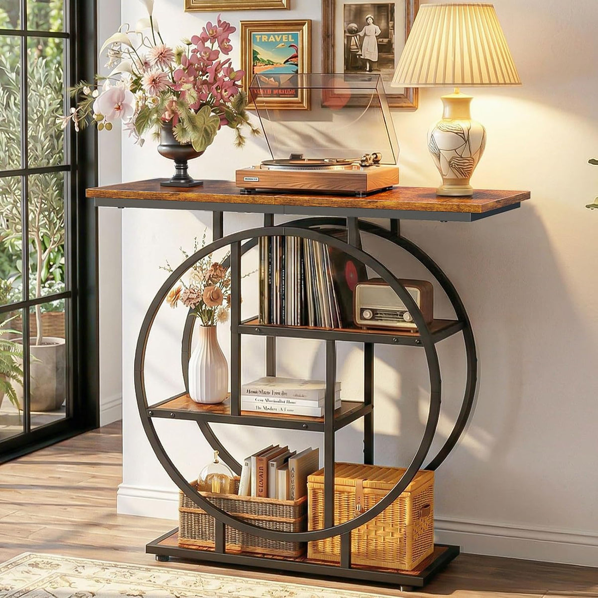 Cottage Charm Entryway Console Table, 31.5" Sofa Table Behind Couch with Curved Metal Frame and Wood Shelves, Decorative Console Table for Living Room, Hallway, Foyer, Rustic Brown