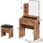 LIKIMIO Small Vanity Desk with Mirror Lights and Storage Stool | Vintage brown compact vanity with 3 light modes, charging station, storage drawer, 3 shelves and upholstered stool