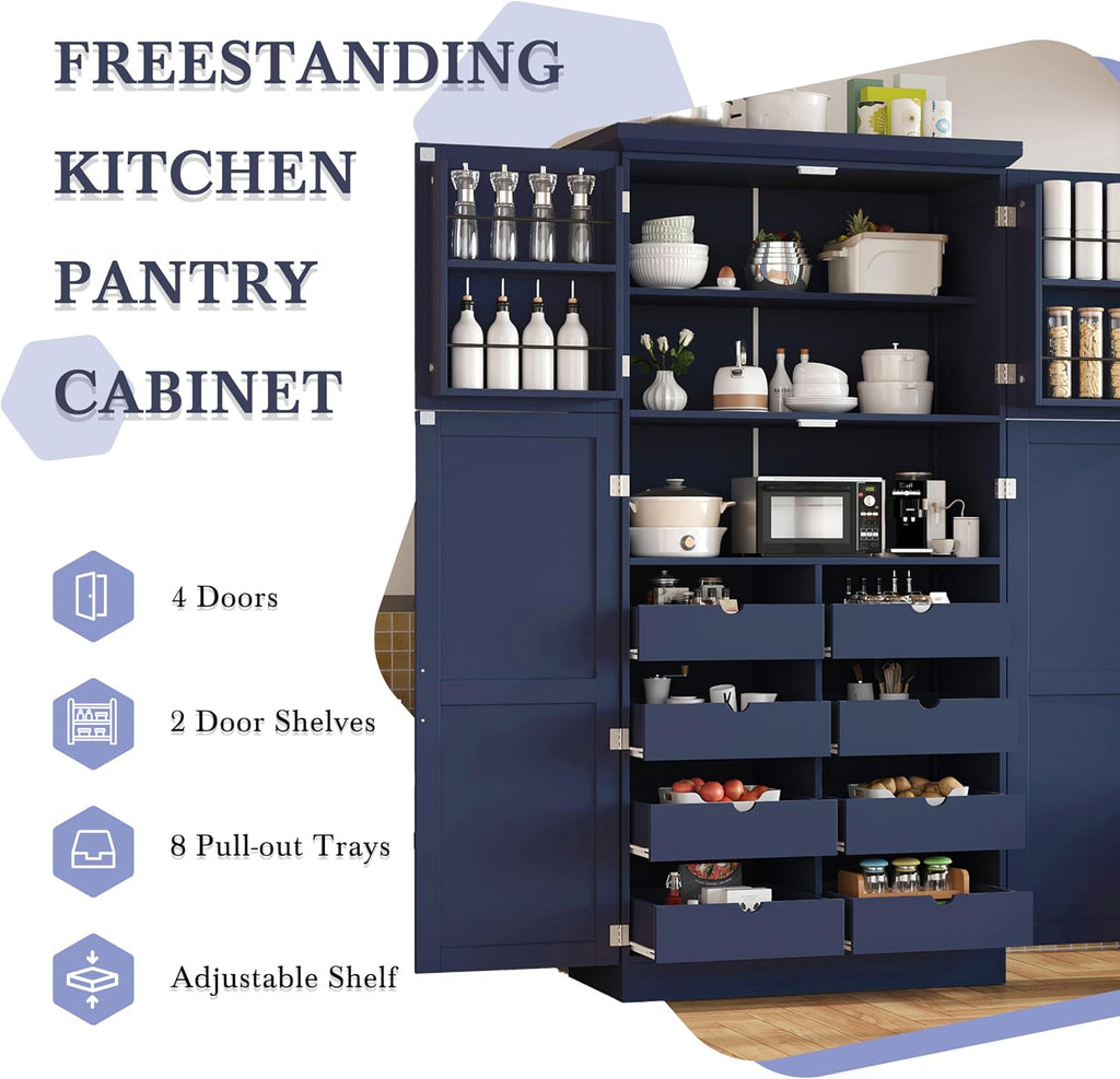 Freestanding Kitchen Pantry 35.5"x17.6"x70.9" Modern Pantry Cabinet with 4 Doors, 2 Door Shelves, 8 Pull-Out Trays and Adjustable Shelf Storage Cabinet Cupboard for Kitchen, Dining Room, Blue
