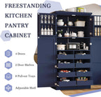 Freestanding Kitchen Pantry 35.5"x17.6"x70.9" Modern Pantry Cabinet with 4 Doors, 2 Door Shelves, 8 Pull-Out Trays and Adjustable Shelf Storage Cabinet Cupboard for Kitchen, Dining Room, Blue