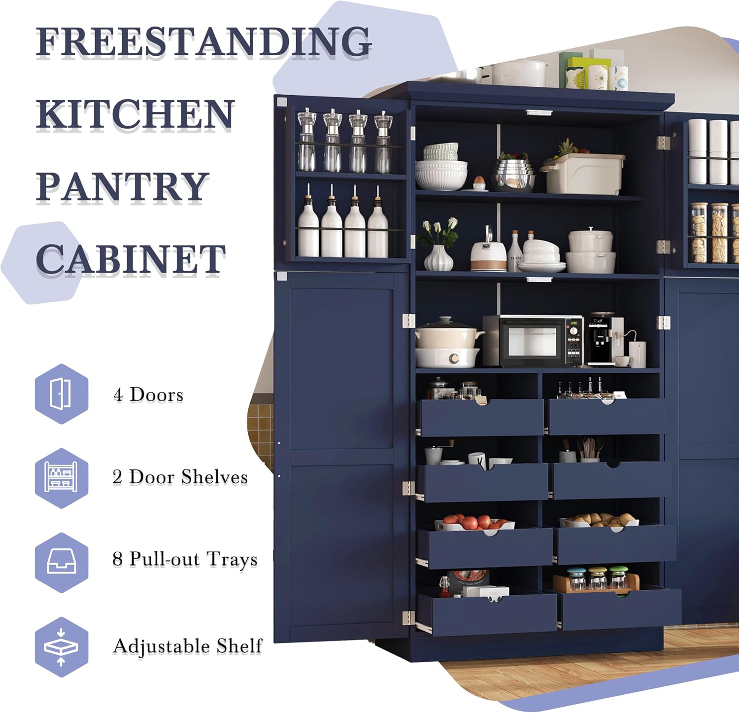 Freestanding Kitchen Pantry 35.5"x17.6"x70.9" Modern Pantry Cabinet with 4 Doors, 2 Door Shelves, 8 Pull-Out Trays and Adjustable Shelf Storage Cabinet Cupboard for Kitchen, Dining Room, Blue