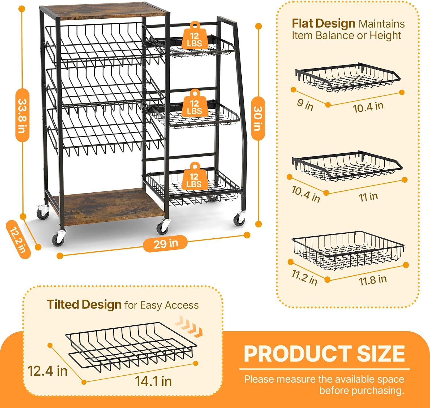 Pinzoveco 5-Tier Rolling Kitchen Storage Carts, Snack Cart with Wheels, Fruit Organizer（Fruit Basket Rolling Cart, Vegetable Holder for Kitchen, Holds Soda Drinks, Cans, Snacks, Onions, Potatoes