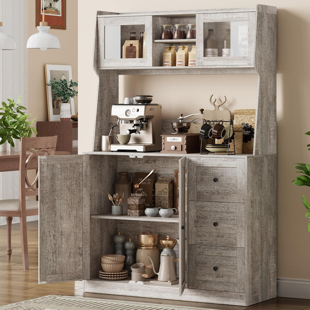 Kitchen Pantry Cabinet with Storage, Buffet Cabinet with Countertop for Microwave Stand, Tall Sideboard Storage Hutch Cabinets with LED, 3 Drawers & Adjustable Shelves for Dining Room, Grey
