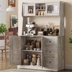 Kitchen Pantry Cabinet with Storage, Buffet Cabinet with Countertop for Microwave Stand, Tall Sideboard Storage Hutch Cabinets with LED, 3 Drawers & Adjustable Shelves for Dining Room, Grey