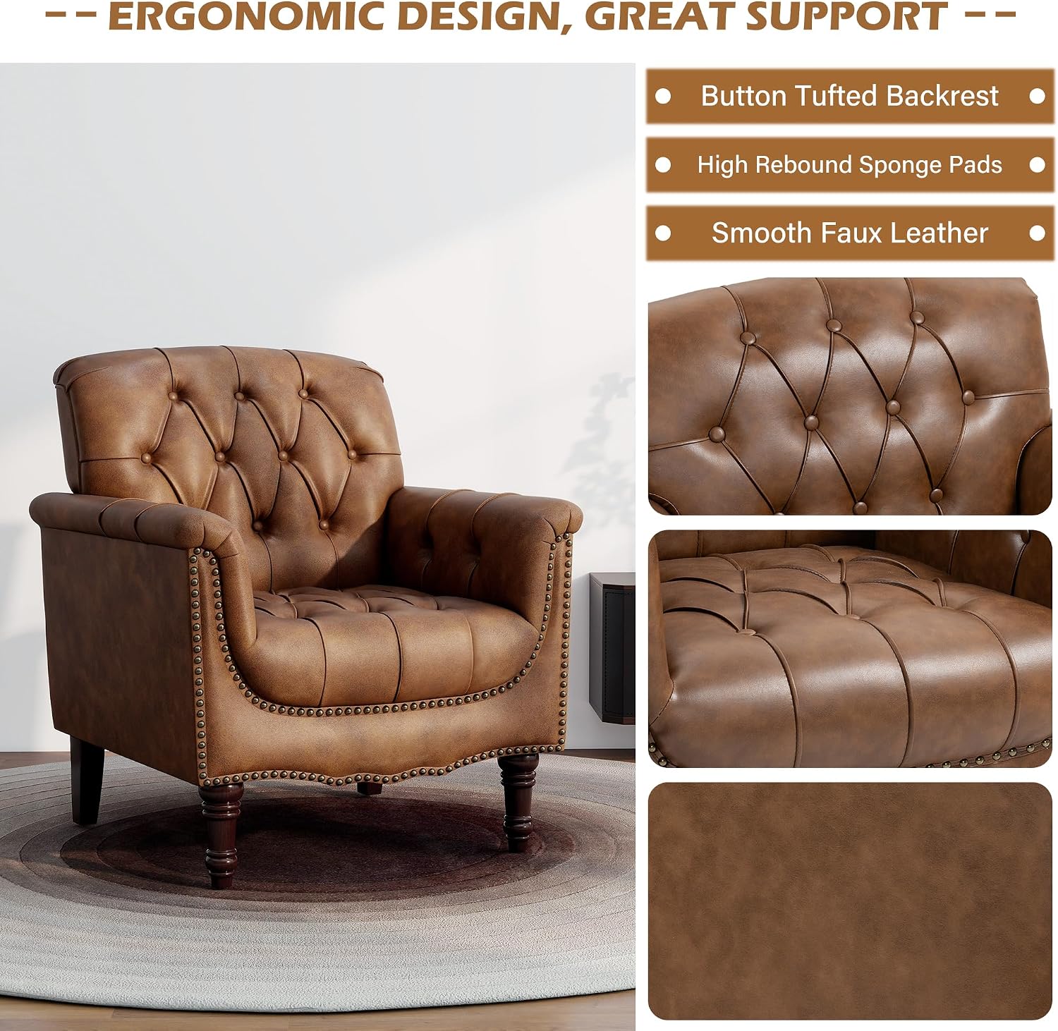 PU Leather Accent Chairs Set of 2, Comfy Club Chair Upholstered Armchair for Living Room, Button Tufted Arm Chair Retro Single Sofa Side Reading Seat for Bedroom (Brown)