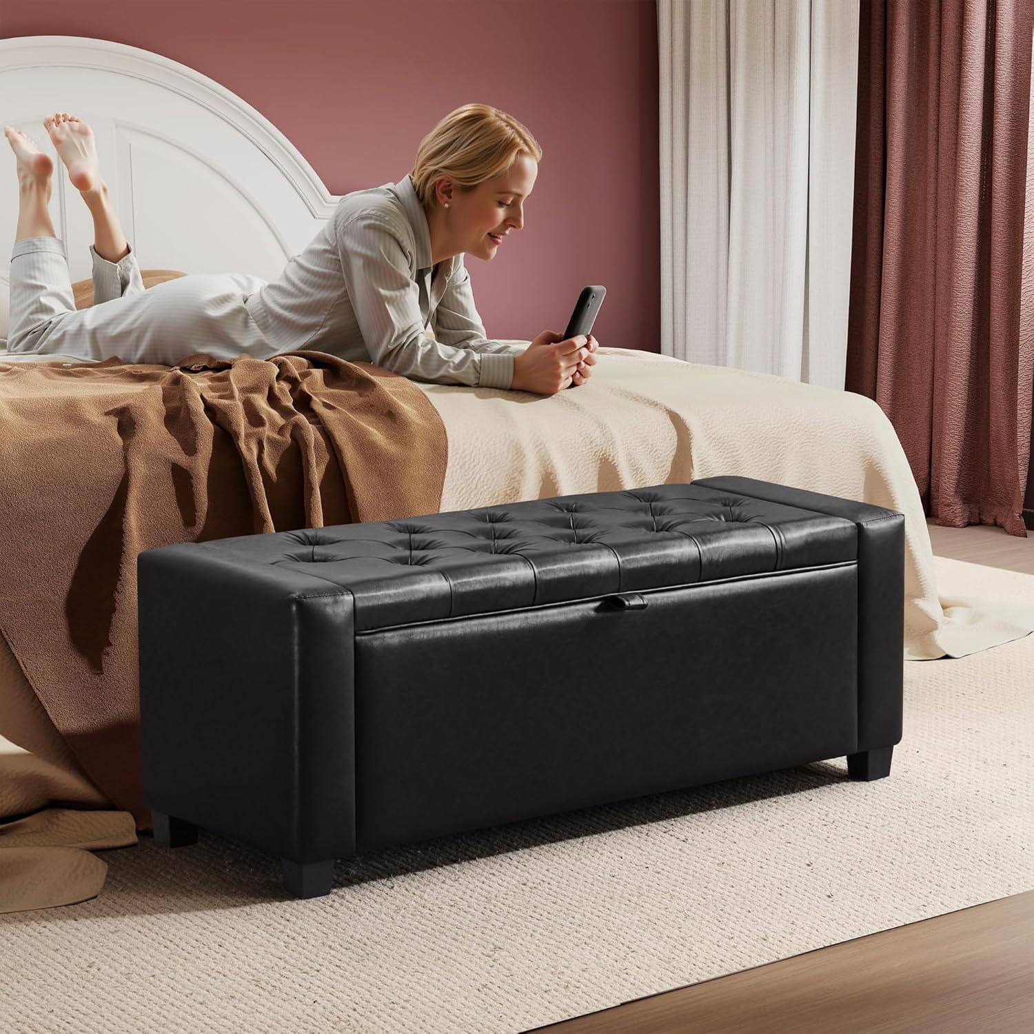 GRAINELL 42.13” Storage Ottoman Bench, Upholstered Tufted Bedroom Bench with Storage, End of Bed Storage Bench for Living Room & Entryway, 350 lb Capacity, Leather Black