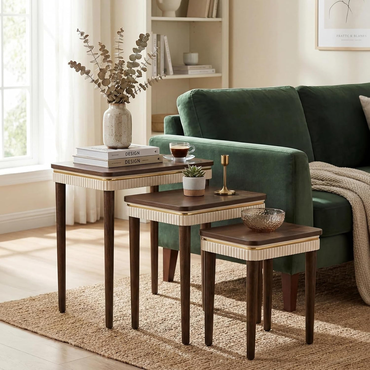 Hyfirm Walnut Nesting Tables Set of 3, Mid Century Side Tables | Space-Saving Stackable Design | Veneered Tops with Gold Trim | Rubberwood Legs