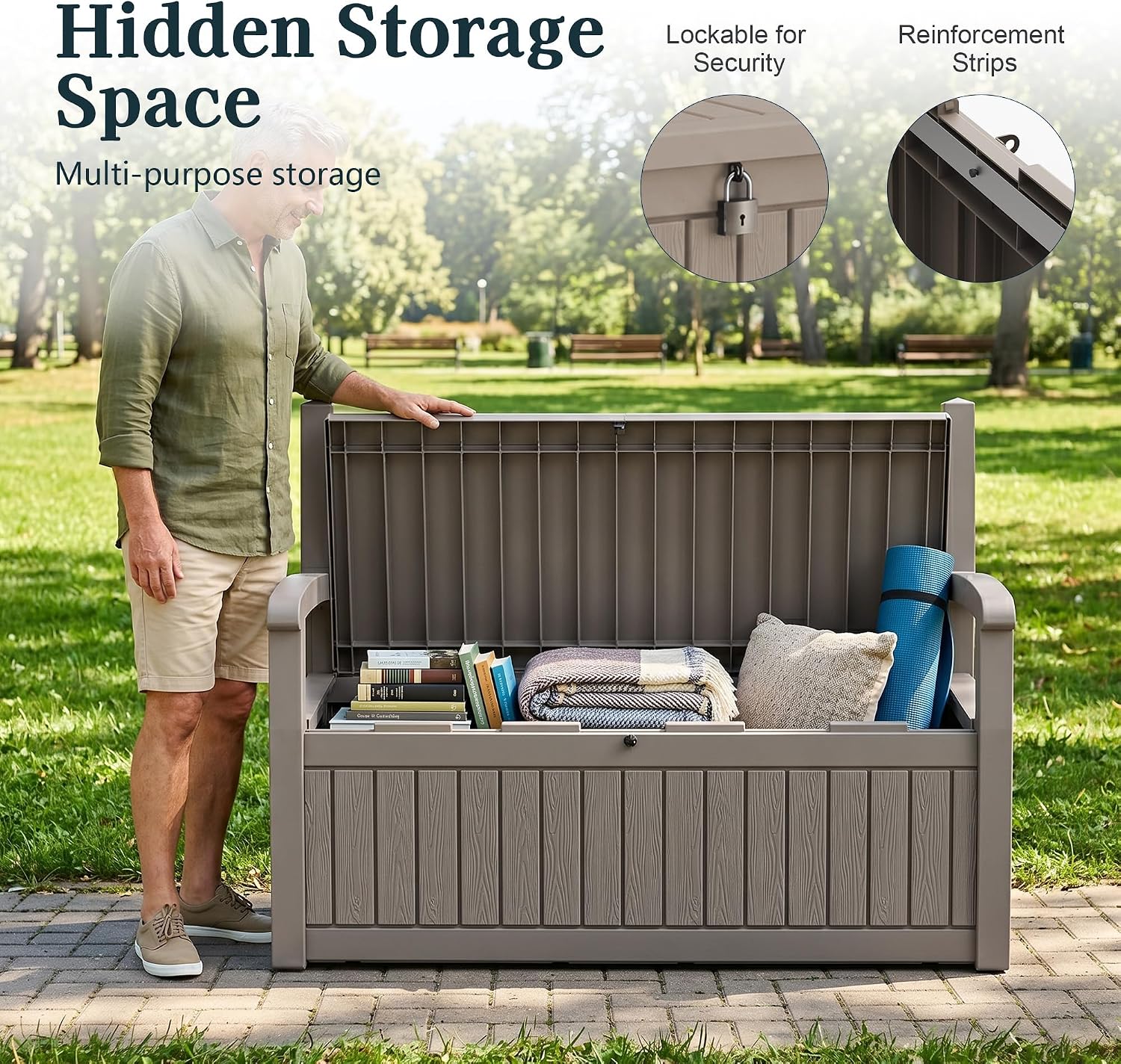 Outdoor Bench with Storage, Waterproof Garden Storage Bench, 100 Gallon Lockable Resin Deck Box, Weatherproof Bench Seating for Patio Yard Cushions Tools, Grey
