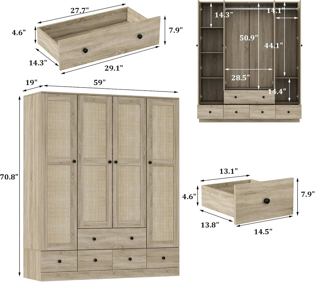 WOODTIME Rattan Armoire Wardrobe Closet with 7 Shelves, 5 Drawers & Hanging Bars, 59" L Wooden Wardrobe Clothes Storage Cabinet for Bedroom, Guest Room, Brown