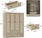 WOODTIME Rattan Armoire Wardrobe Closet with 7 Shelves, 5 Drawers & Hanging Bars, 59" L Wooden Wardrobe Clothes Storage Cabinet for Bedroom, Guest Room, Brown
