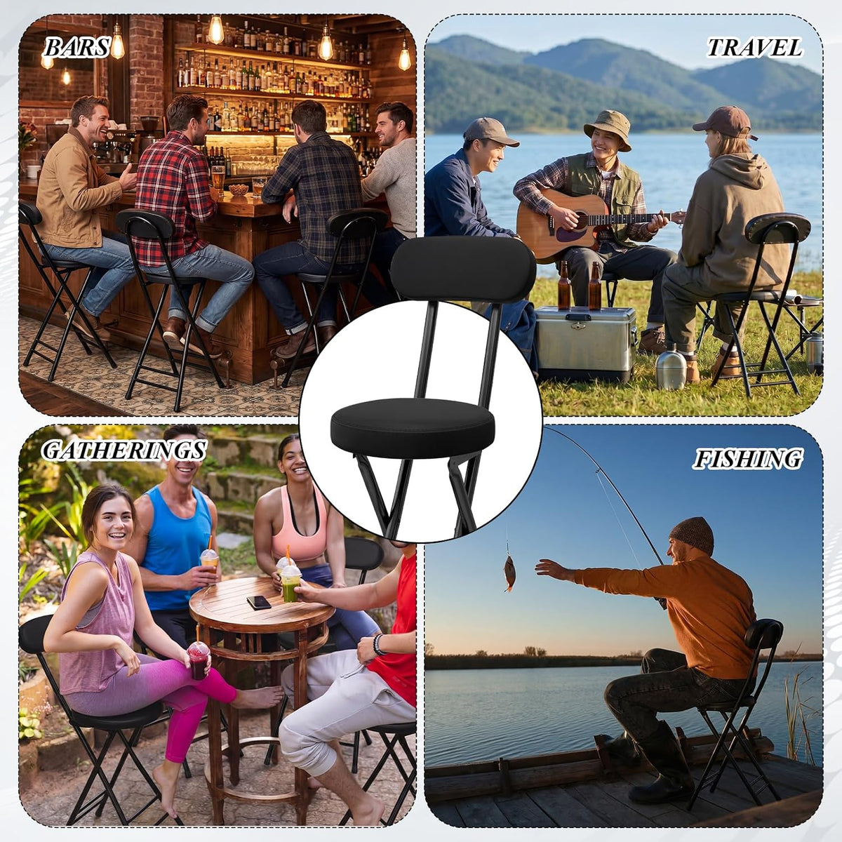 4 Pack Folding Bar Stool Cushioned Padded Folding Stool, 19 Inch Height Bar Stools with Backrest, Faux Leather Seat, Black Foldable Chair Support 220 LBS for Kitchen Room Hiking Camping Fish