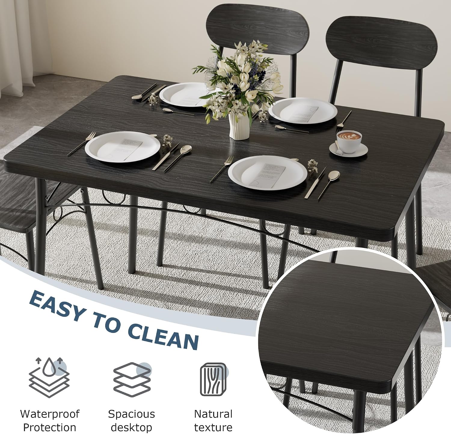 VECELO Dining Table Set for 4, 5-Piece Kitchen Table with 4 Chairs, MDF Board Tabletop with Metal Frame for Small Space, Compact Dinette, Breakfast Nook, Matte Black
