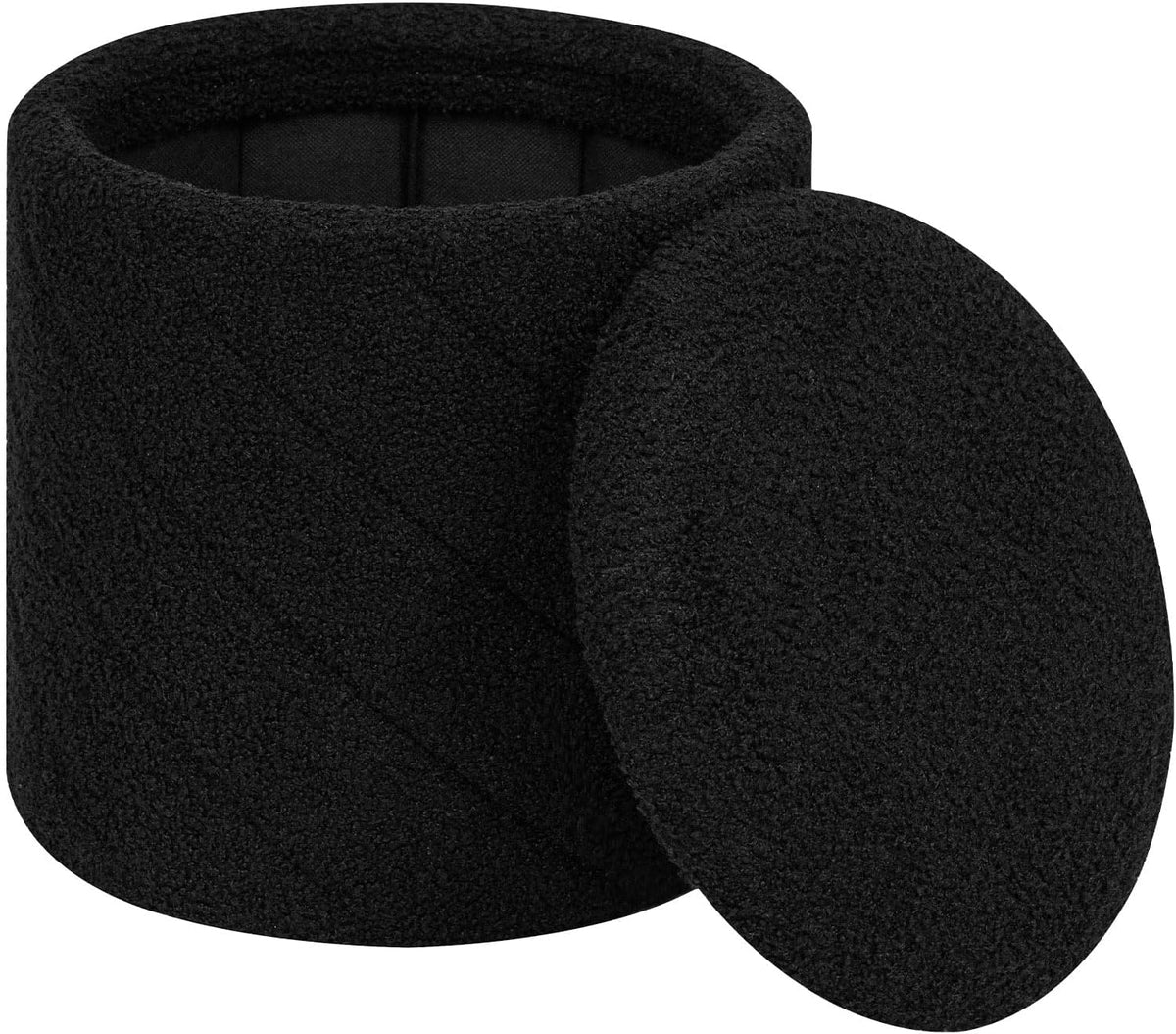 PINPLUS Ottoman with Stroage Round Boucle Ottoman and Tray Sherpa Removable Foot Stool Coffee Table for Dorm, Living Room Black, 13"x13"x13.7"