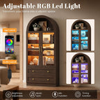 Pamapic Arched Kitchen Pantry Cabinet, 71" Tall Arched Cabinet with LED Light & Glass Doors, Farmhouse Kitchen Storage Cabinet with 2 Large Drawers, Wooden Pantry for Dining Room, Living Room (Brown)
