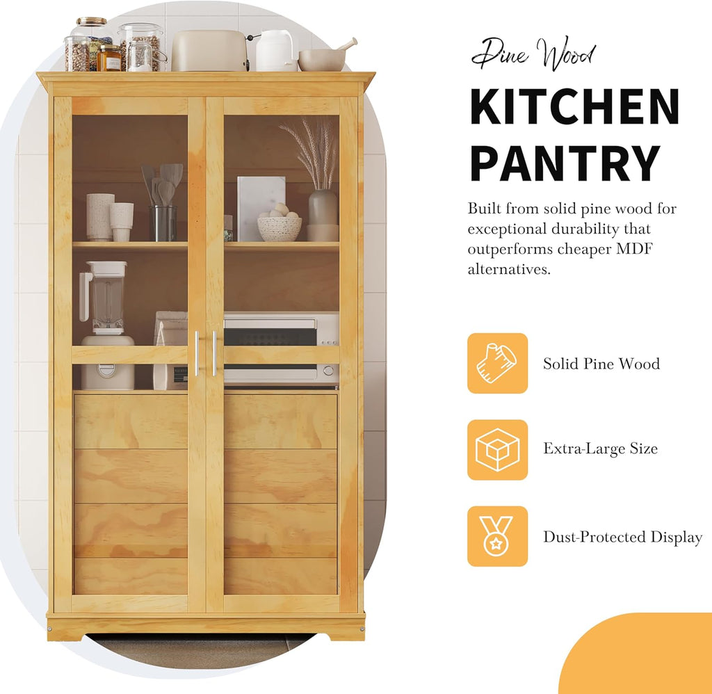 44.7" Wide Pine Wood Kitchen Pantry Cabinet with Glass Doors 4 Drawers and Shelf Freestanding Farmhouse Storage Cabinet for Kitchen Dining Living Room Display Organizer Natural