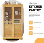 44.7" Wide Pine Wood Kitchen Pantry Cabinet with Glass Doors 4 Drawers and Shelf Freestanding Farmhouse Storage Cabinet for Kitchen Dining Living Room Display Organizer Natural