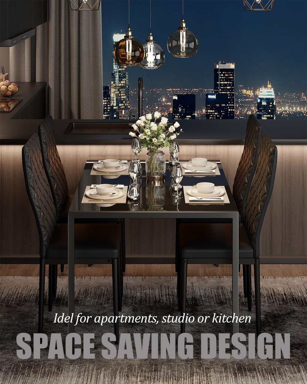 Modern Dining Chairs Set of 4, PU Leather & Curved Back, Black | Small Space, 38.2"H x 16.2 "W x 19.1" D, 330lbs Capacity, Thick Cushions Kitchen Chair, Dining Room, Living Room, Apartment