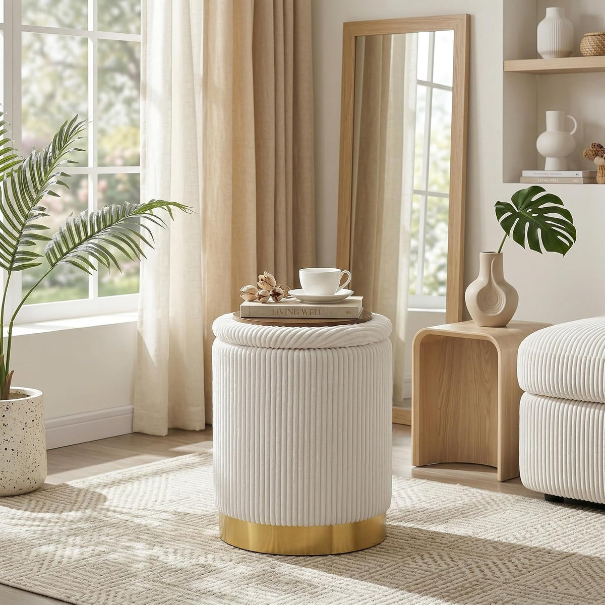 Joveco 14" Round Storage Ottoman for Dorm with Reversible Lid Tray | Beige Corduroy Footrest Stool with Gold Metal Base, Modern Small Ottoman Coffee Table & Side Table for Bedroom Living Room