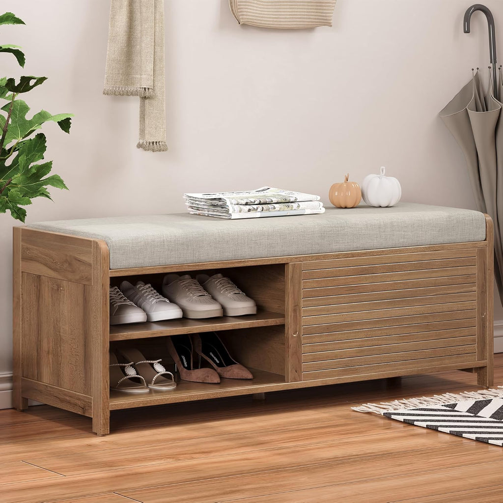 Ball & Cast Entryway Storage Bench with Shutter Doors, 43.3" Wooden Shoes Organizer, Modern Movable Upholstered Seat Entryway Shoe Rack Cabinet for Hallway Living Room, Natural White