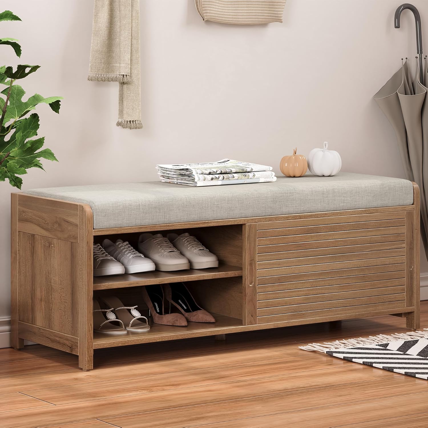 Ball & Cast Entryway Storage Bench with Shutter Doors, 43.3" Wooden Shoes Organizer, Modern Movable Upholstered Seat Entryway Shoe Rack Cabinet for Hallway Living Room, Natural White
