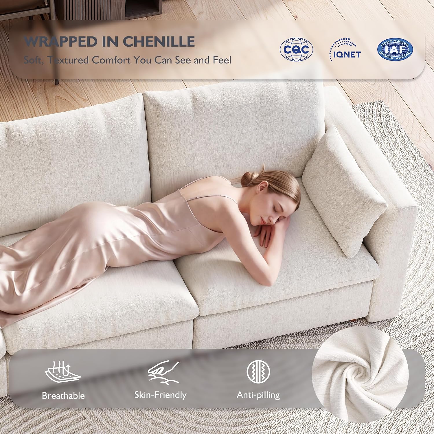 Ihanherry 117" Oversized Modular Sectional Sofa, Modern L Shaped Cloud Couch with Storage Ottoman, 4-Seat Comfy Chenille Deep Seat Sofa with 2 Pillows for Living Room, Beige