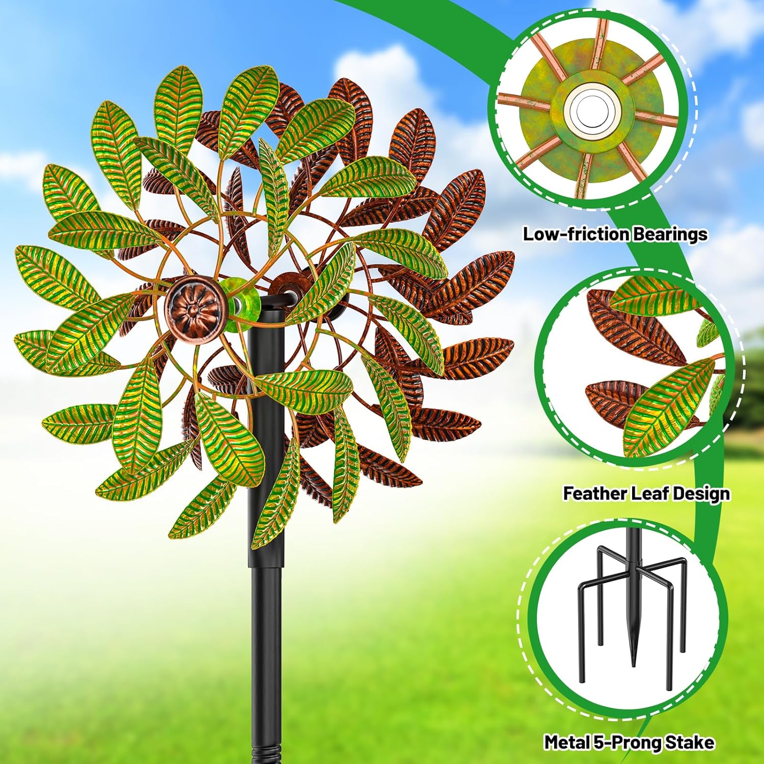 Metal Garden Wind Spinners Outdoor, 360 Degrees Kinetic Yard Windmills Garden Decor for Outside, Wind Sculptures & Spinners for Lawn Patio Ornaments(Brown+Green)