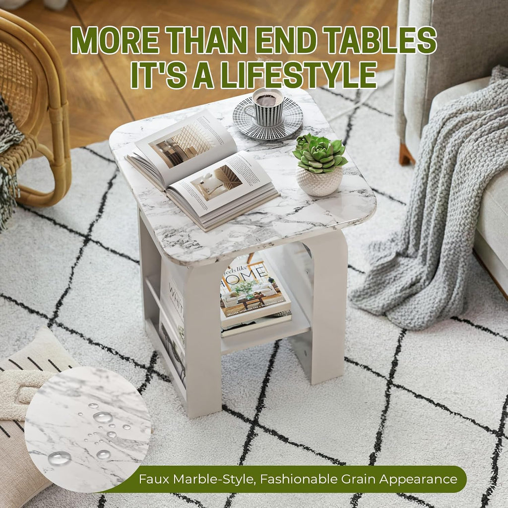 Small End Tables Living Room Set of 2 for Small Spaces,19" Marble Top Nightstand with RGB Strip, Side Table with Storage Shelf