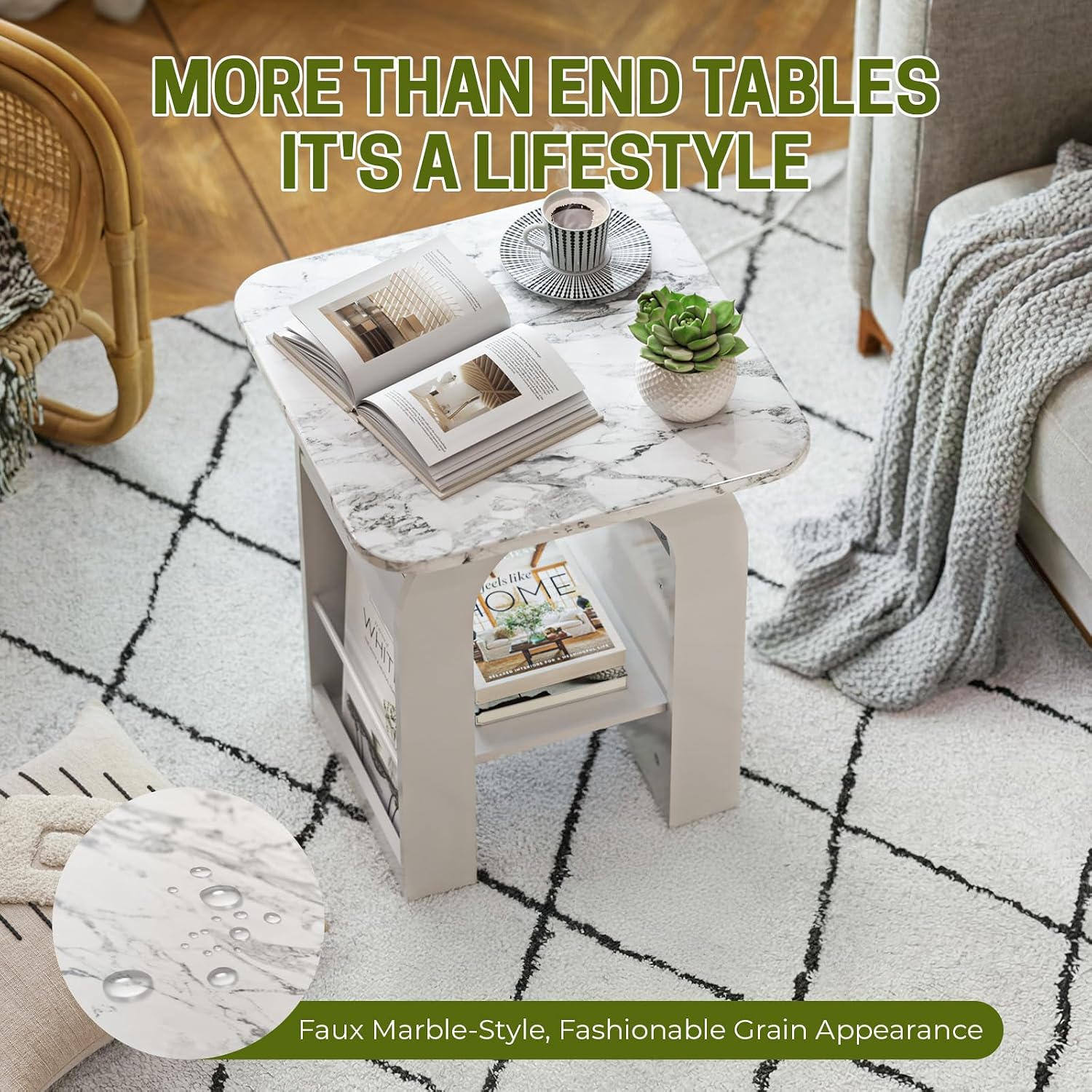 Small End Tables Living Room Set of 2 for Small Spaces,19" Marble Top Nightstand with RGB Strip, Side Table with Storage Shelf
