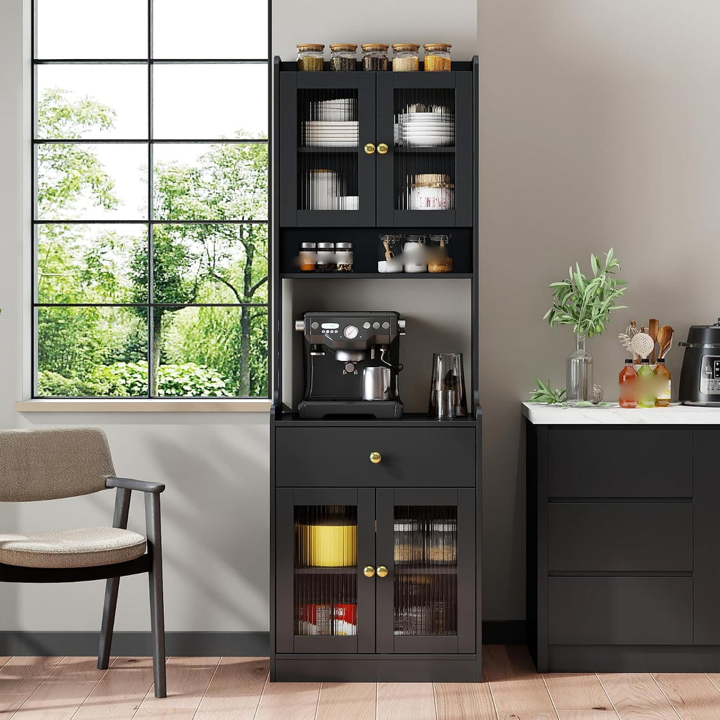 Black Kitchen Pantry Hutch Storage Cabinet, Farmhouse Buffet Sideboard with Microwave Stand Freestanding Coffee Bar Cabinet for Kitchen, 70.9” Tall
