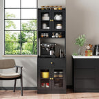 Black Kitchen Pantry Hutch Storage Cabinet, Farmhouse Buffet Sideboard with Microwave Stand Freestanding Coffee Bar Cabinet for Kitchen, 70.9” Tall