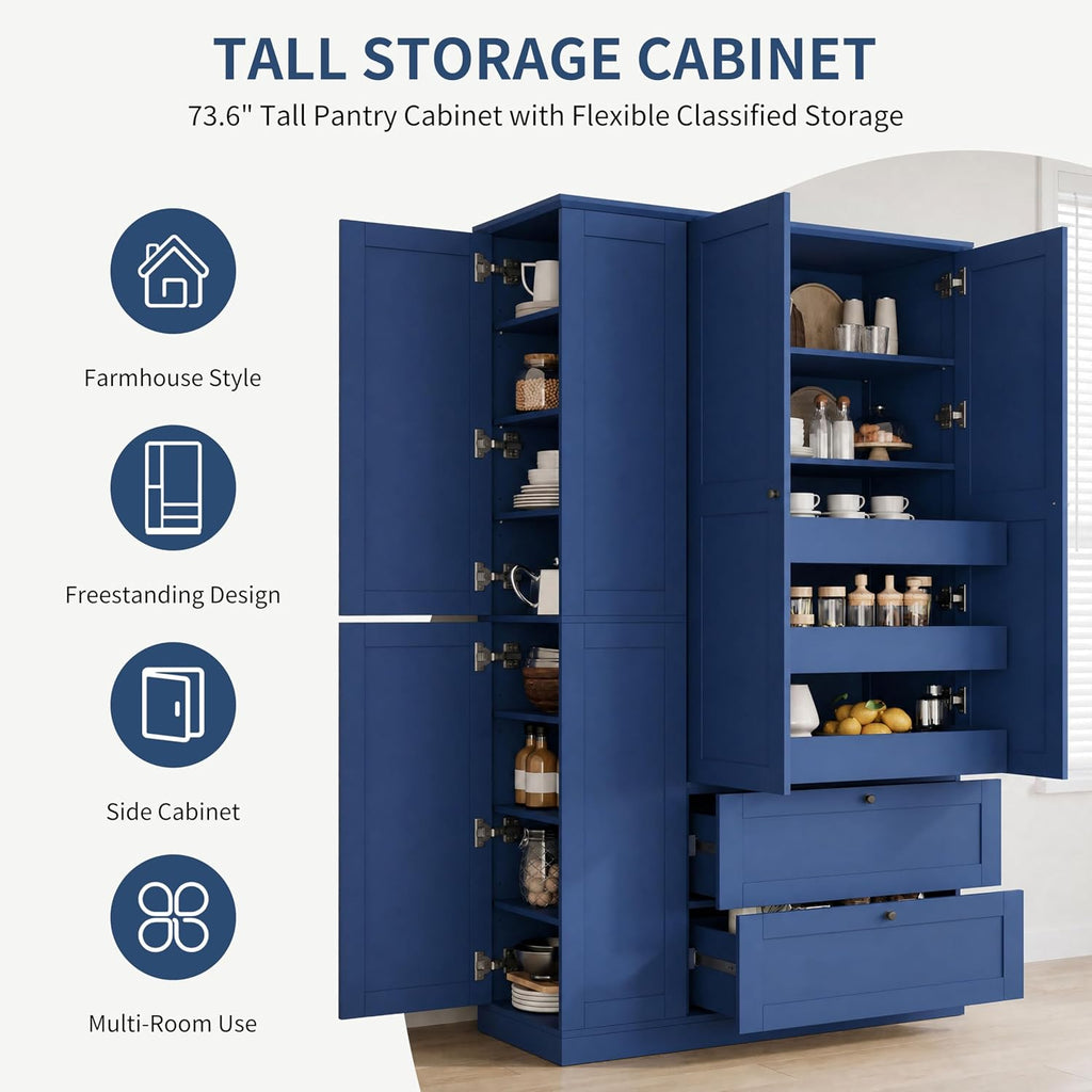 71" Tall Kitchen Pantry Storage Cabinet with 3 Pull Out Trays & 2 Large Drawers, Farmhouse Storage Cabinet Cupboard with 6 Doors and Side Cabinets, Pantry Cabinet for Kitchen, Dining Room, Blue