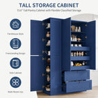 71" Tall Kitchen Pantry Storage Cabinet with 3 Pull Out Trays & 2 Large Drawers, Farmhouse Storage Cabinet Cupboard with 6 Doors and Side Cabinets, Pantry Cabinet for Kitchen, Dining Room, Blue