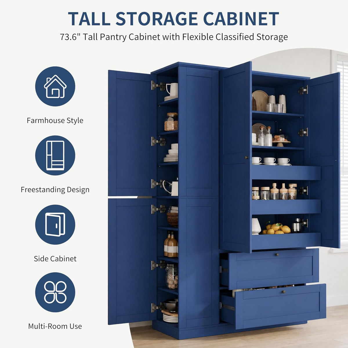 71" Tall Kitchen Pantry Storage Cabinet with 3 Pull Out Trays & 2 Large Drawers, Farmhouse Storage Cabinet Cupboard with 6 Doors and Side Cabinets, Pantry Cabinet for Kitchen, Dining Room, Blue