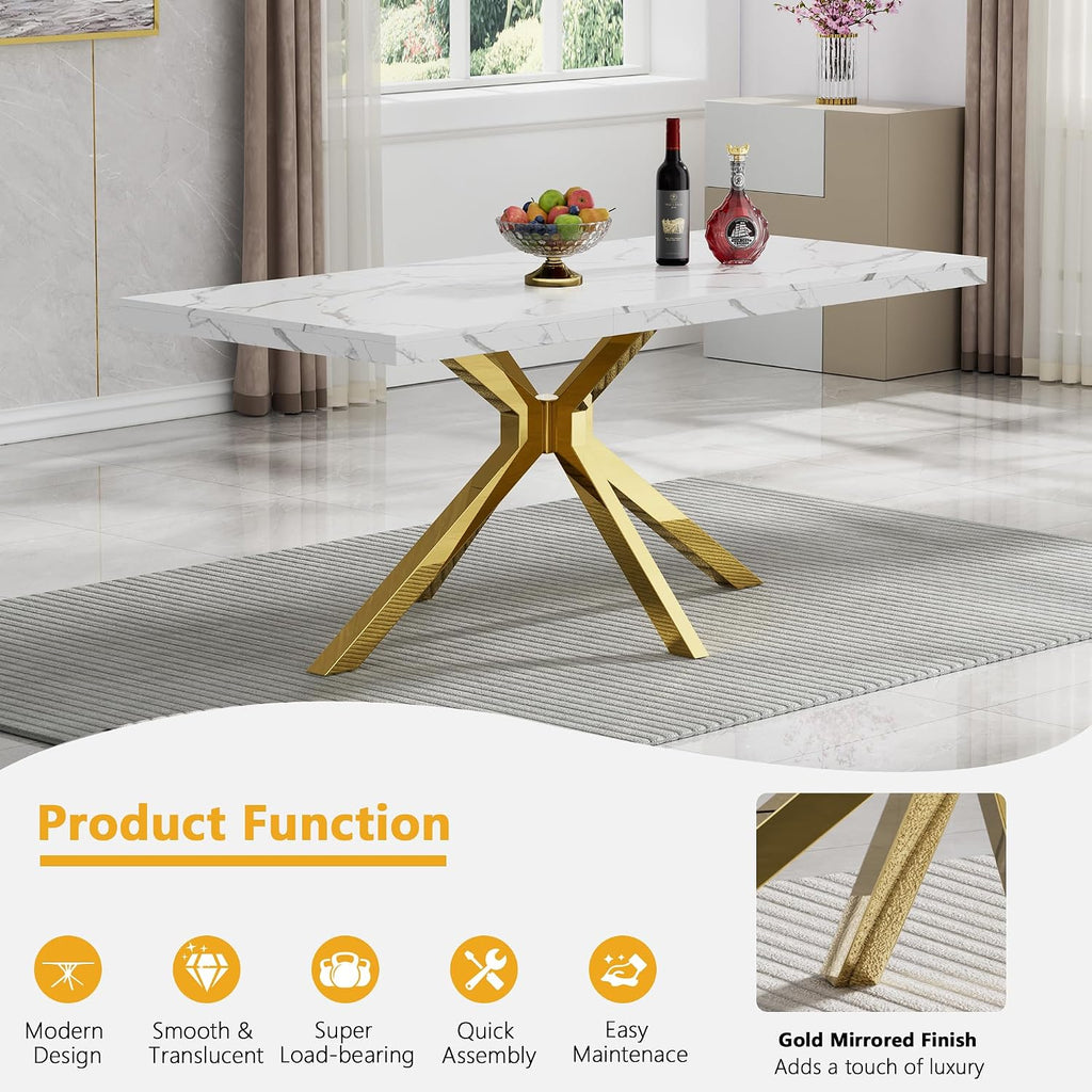 Faux Marble Dining Table Set for 6, Modern Kitchen Table Chairs Set 6, 70" Faux Marble Table with Gold Stainless Steel Leg, 6 White Pu Leather Chairs, 7 Piece Dining Set for Kitchen Living Dining Room